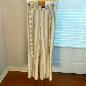 Fab' Rik Boho Strip High Waist Ruffle Pleated Belted Wide Leg Linen Pants Size S